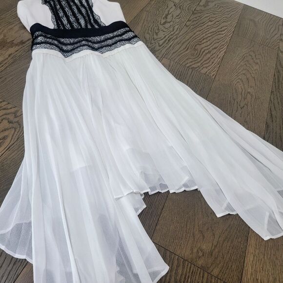 BCBGMAXAZRIA Adelyn Pleated Lace Sleeveless Hi Low Dress in White & Black - Picture 4 of 16